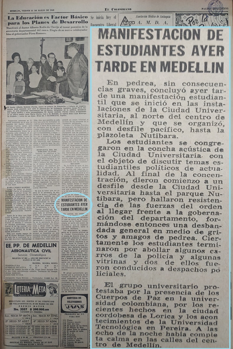 Fotografía tomada de la edición del 21 de marzo de 1969 del periódico El Colombiano.