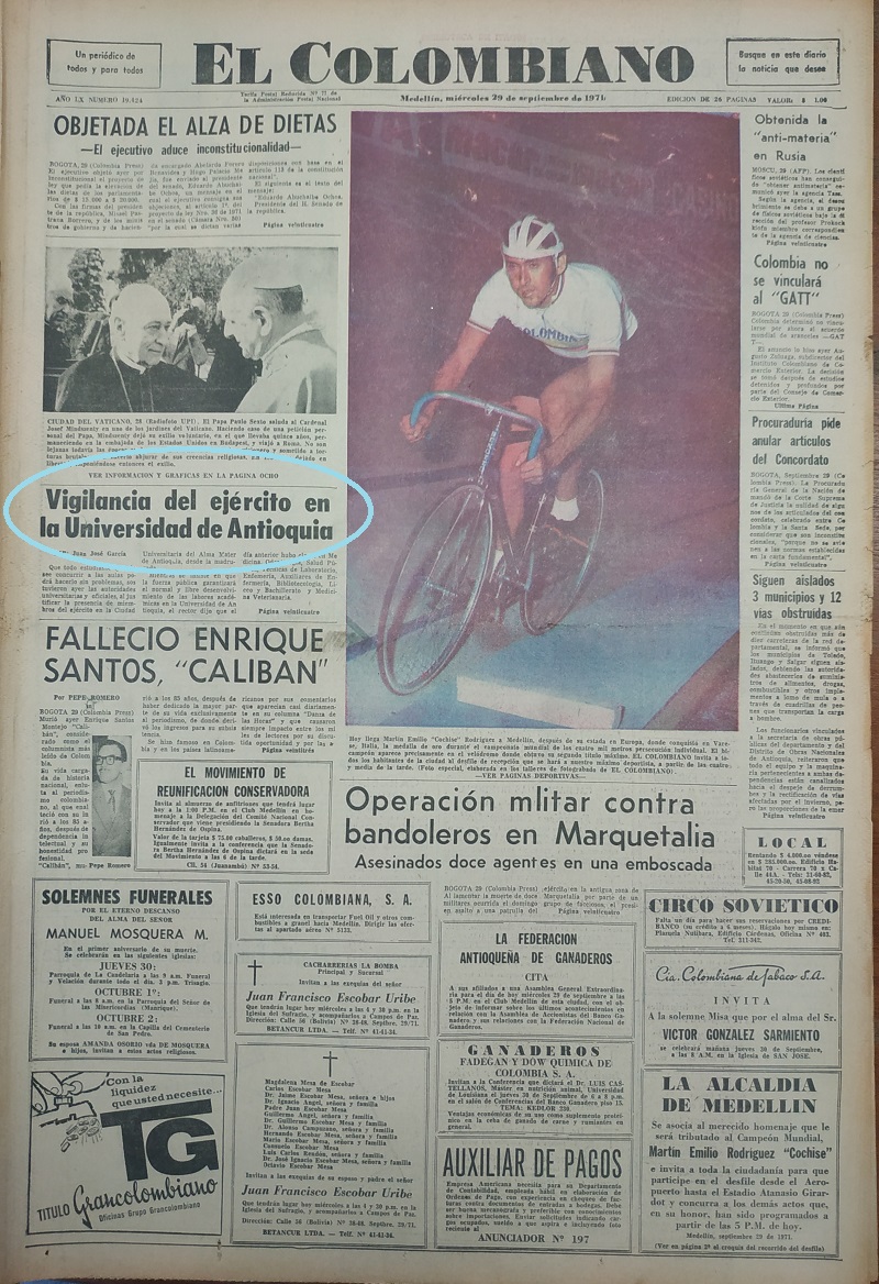 Fotografía tomada de la edición de 29 de septiembre de 1971 del periódico El Colombiano.