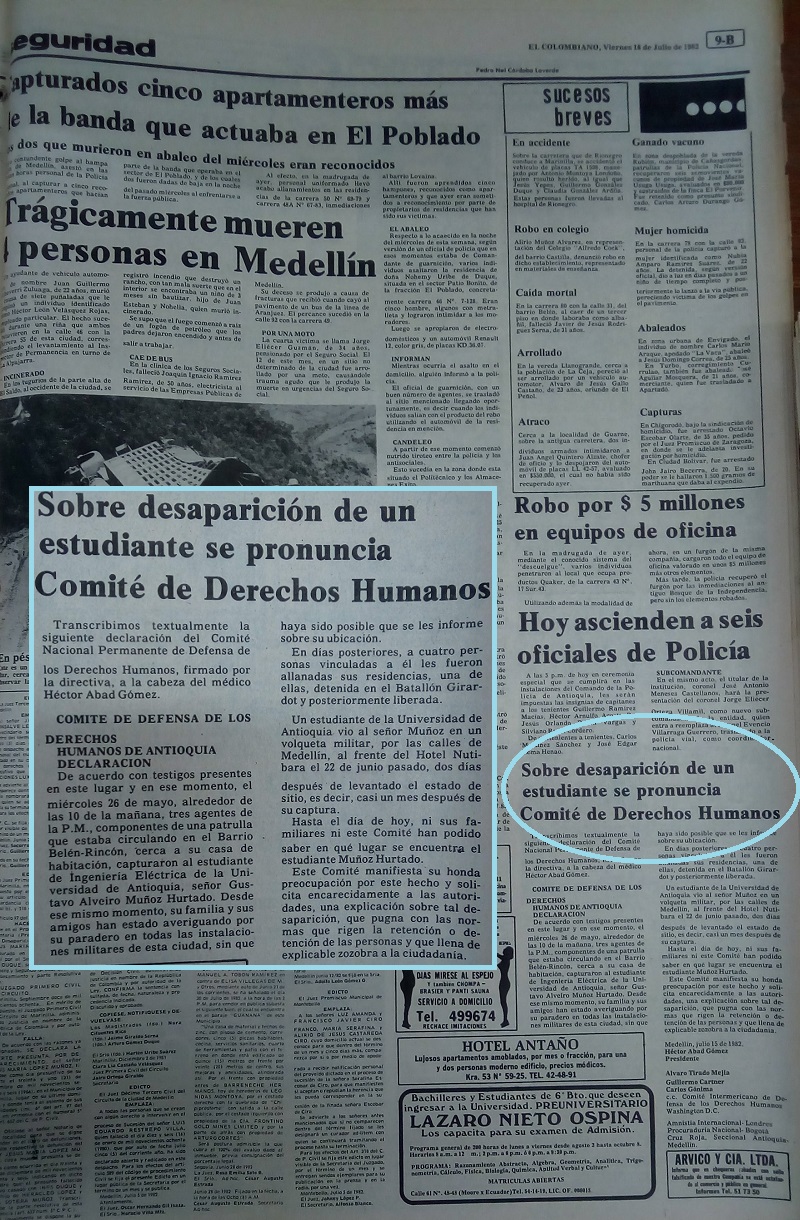 Fotografías tomadas de la edición del 16 de julio de 1982 del periódico El Colombiano