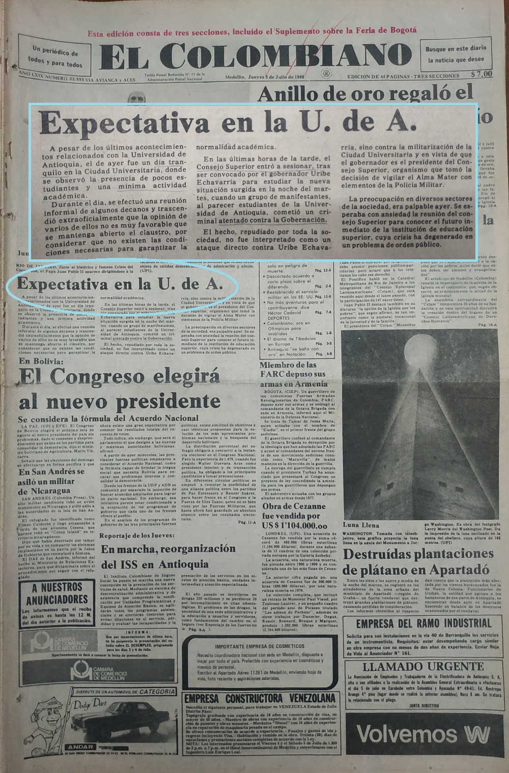Fotografía tomada de la edición del 3 de julio de 1980 del periódico El Colombiano.