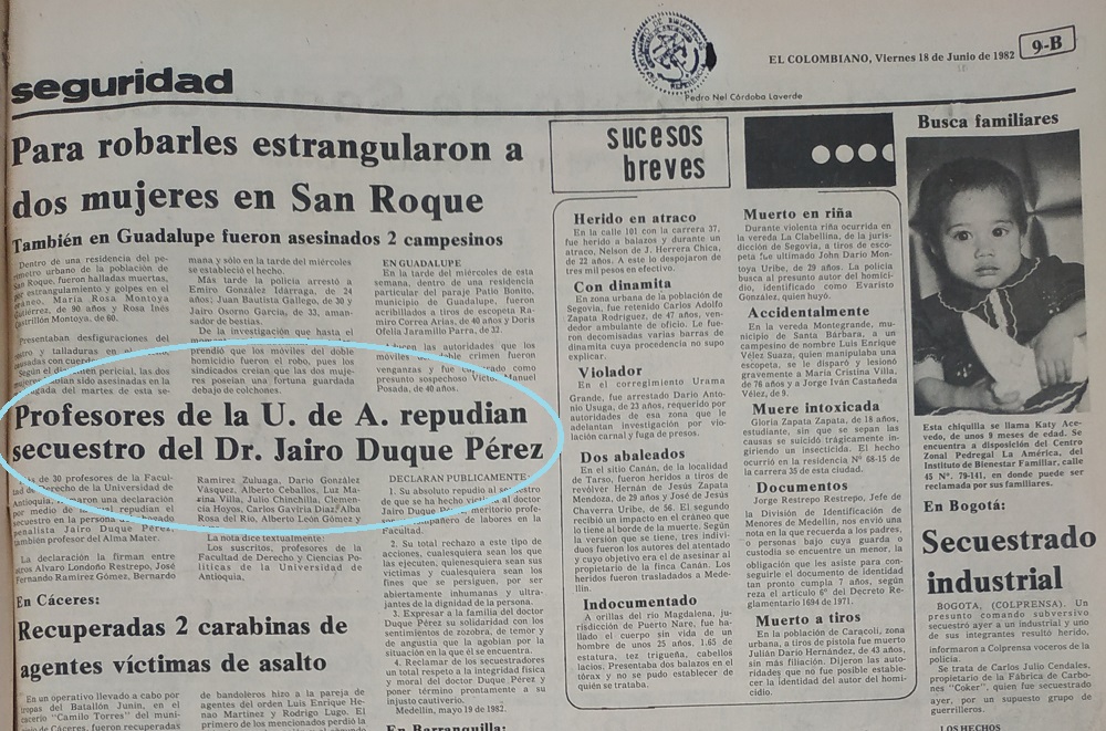Fotografía tomada de la edición del 18 de junio de 1982 del periódico El Colombiano