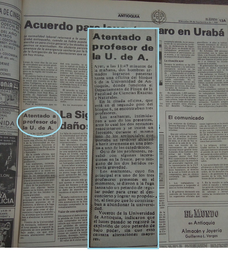 Fotografías tomadas de la edición del 28 y 29 de septiembre de 1988 del periódico El Mundo y de la edición del 29 de septiembre del periódico El Colombiano
