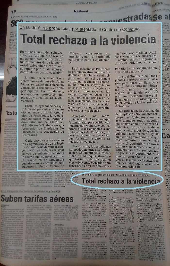 Fotografías tomadas de la edición del 14 de octubre 1990 del periódico El Mundo y del periódico El Colombiano