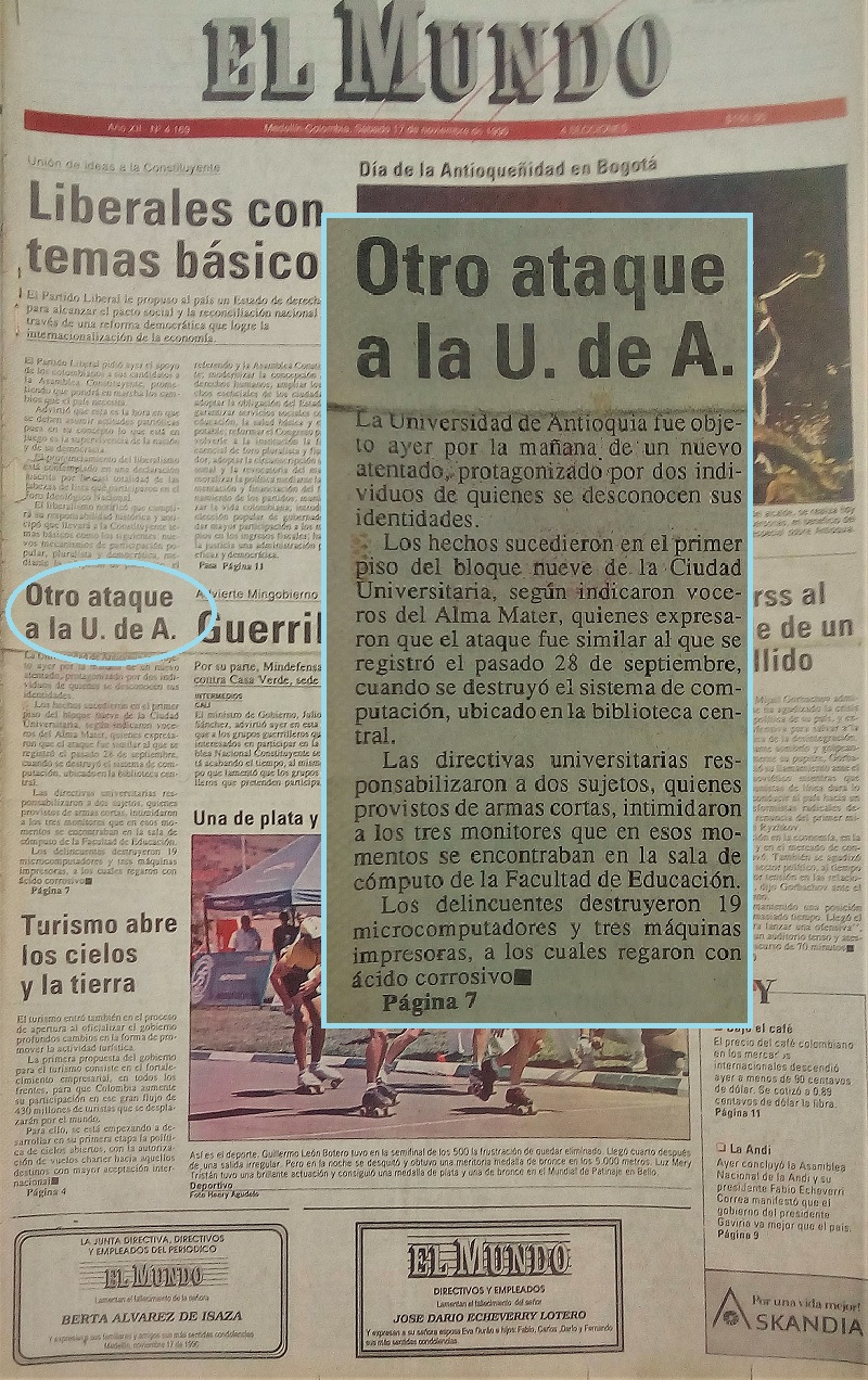 Fotografías tomadas de la edición del 17 de noviembre 1990 del periódico El Mundo y del 18 de noviembre de 1990 del periódico El Colombiano