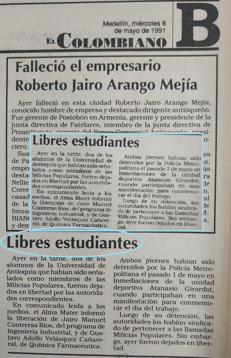 Fotografías tomadas de la edición del 8 de mayo de 1991 del periódico El Colombiano y el periódico El Mundo.