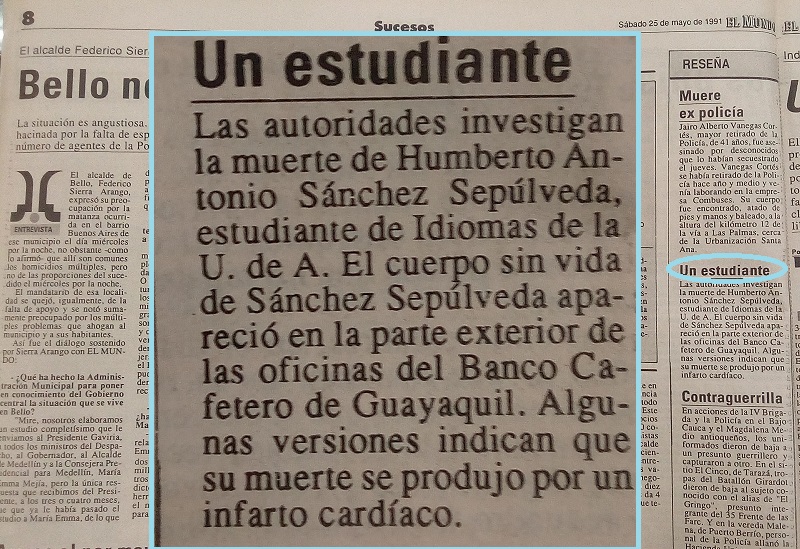 Fotografías tomadas de la edición del 17 de noviembre 1990 del periódico El Mundo y del 1 de junio de 1991 del periódico El Colombiano.