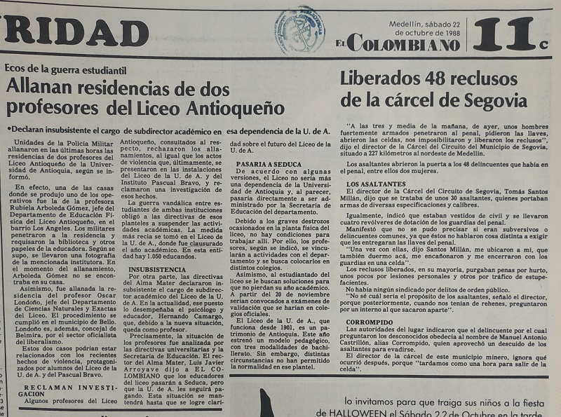 Fotografías tomadas de la edición del 22 de octubre de 1988 del periódico El Colombiano