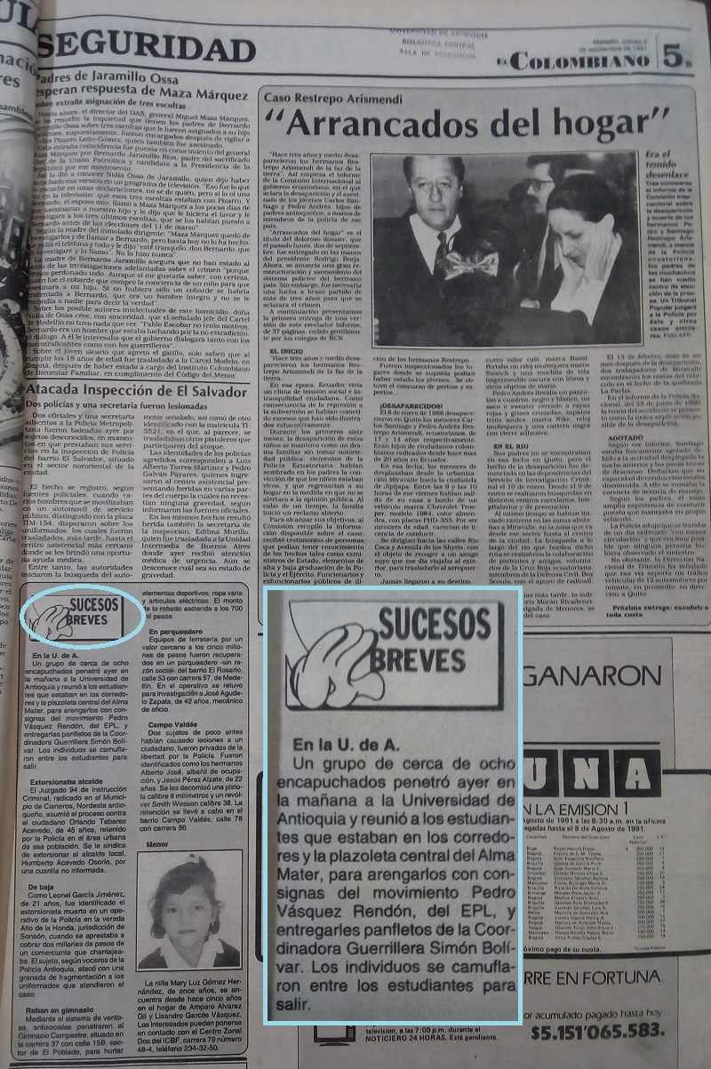 Fotografías tomadas de la edición del 5 de septiembre 1991 del periódico El Colombiano.