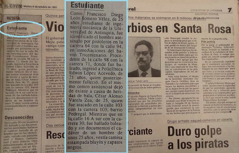 Fotografías tomadas de la edición del 8 de octubre 1991 del periódico El Mundo y del periódico El Colombiano.