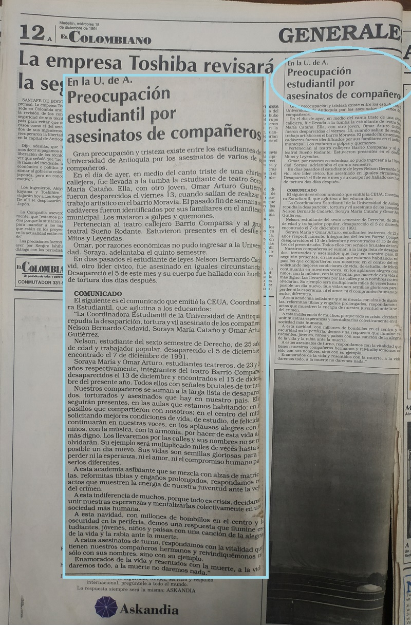 Fotografías tomadas de la edición del 18 de diciembre 1991 del periódico El Colombiano.