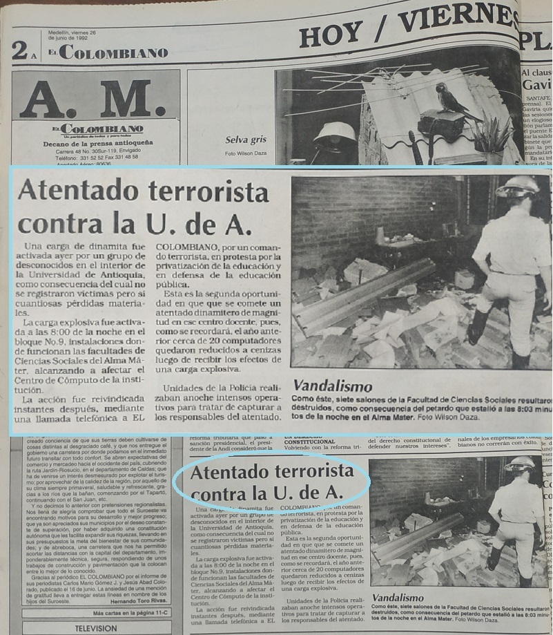 Fotografías tomadas de la edición del 26 de junio de 1992 del periódico El Colombiano.