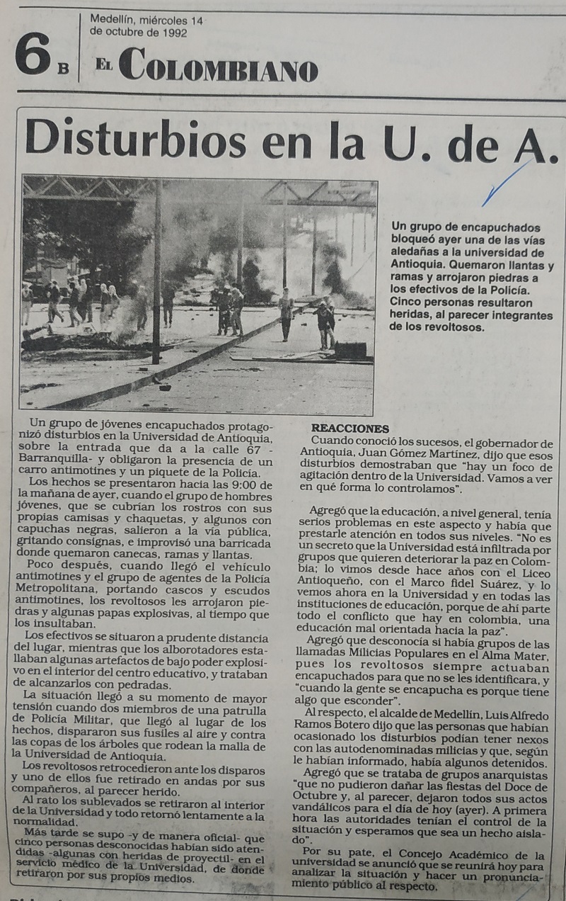 Fotografías tomadas de la edición del 14 de octubre de 1992 del periódico El Colombiano.