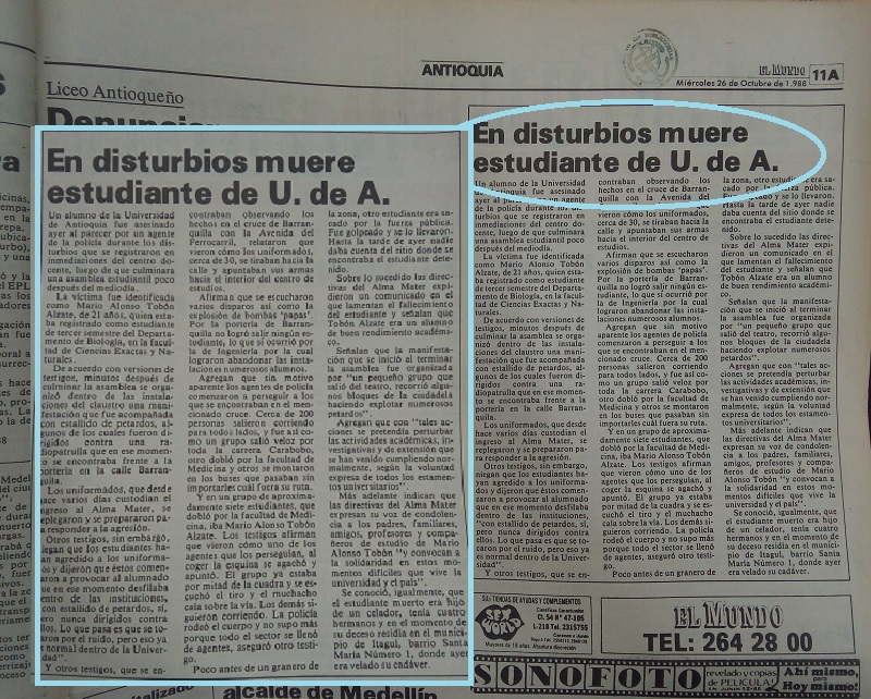 Fotografías tomadas de la edición del 26 de octubre de 1988 del periódico El Mundo y del 4 de noviembre del periódico El Colombiano