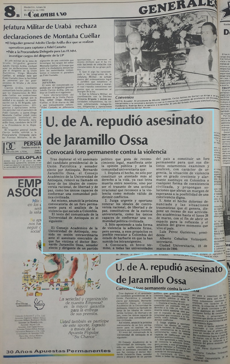 Fotografías tomadas de la edición del 26 de marzo de 1990 del periódico El Colombiano
