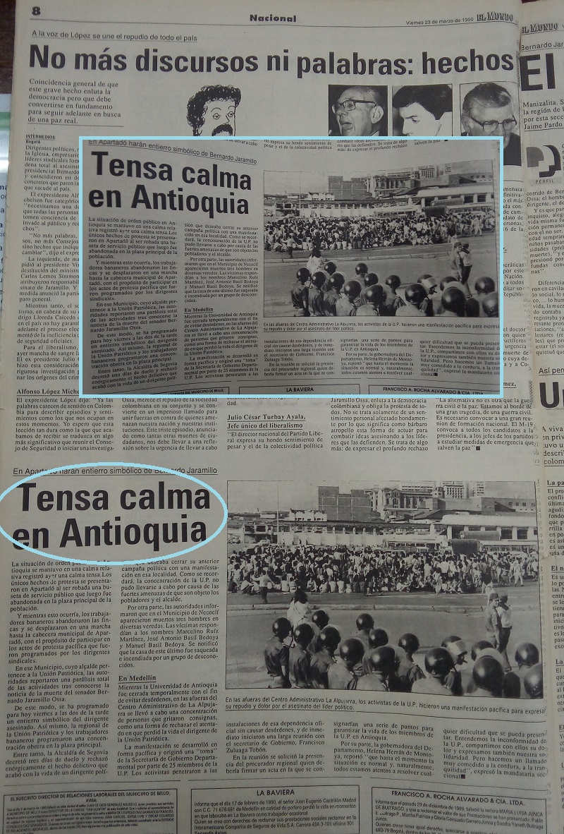 Fotografías tomadas de la edición del 23 de marzo de 1990 del periódico El Mundo y del 24 de marzo del periódico El Colombiano