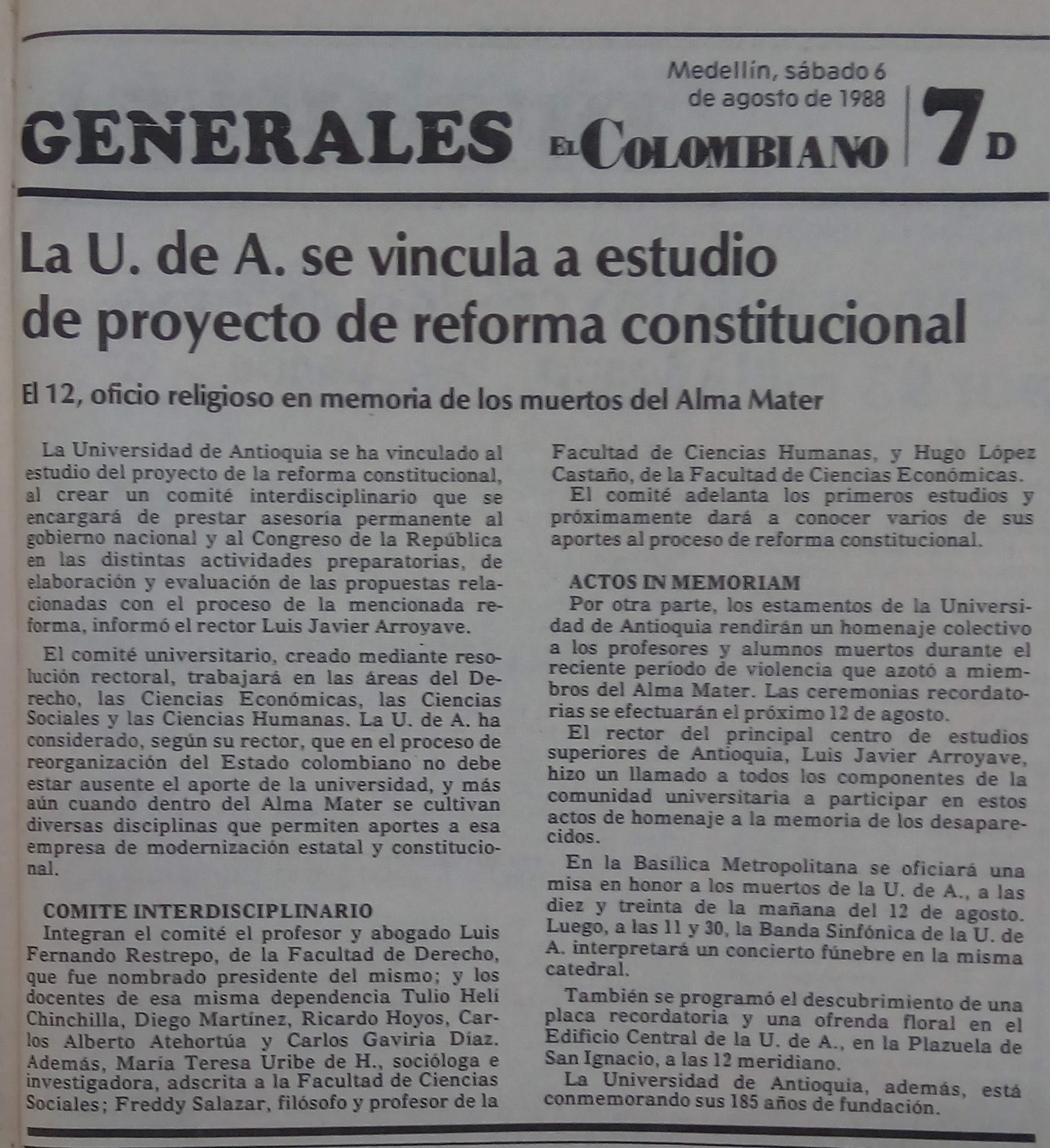 Fotografía tomada de la edición del 6 de agosto de 1988 del periódico El Colombiano