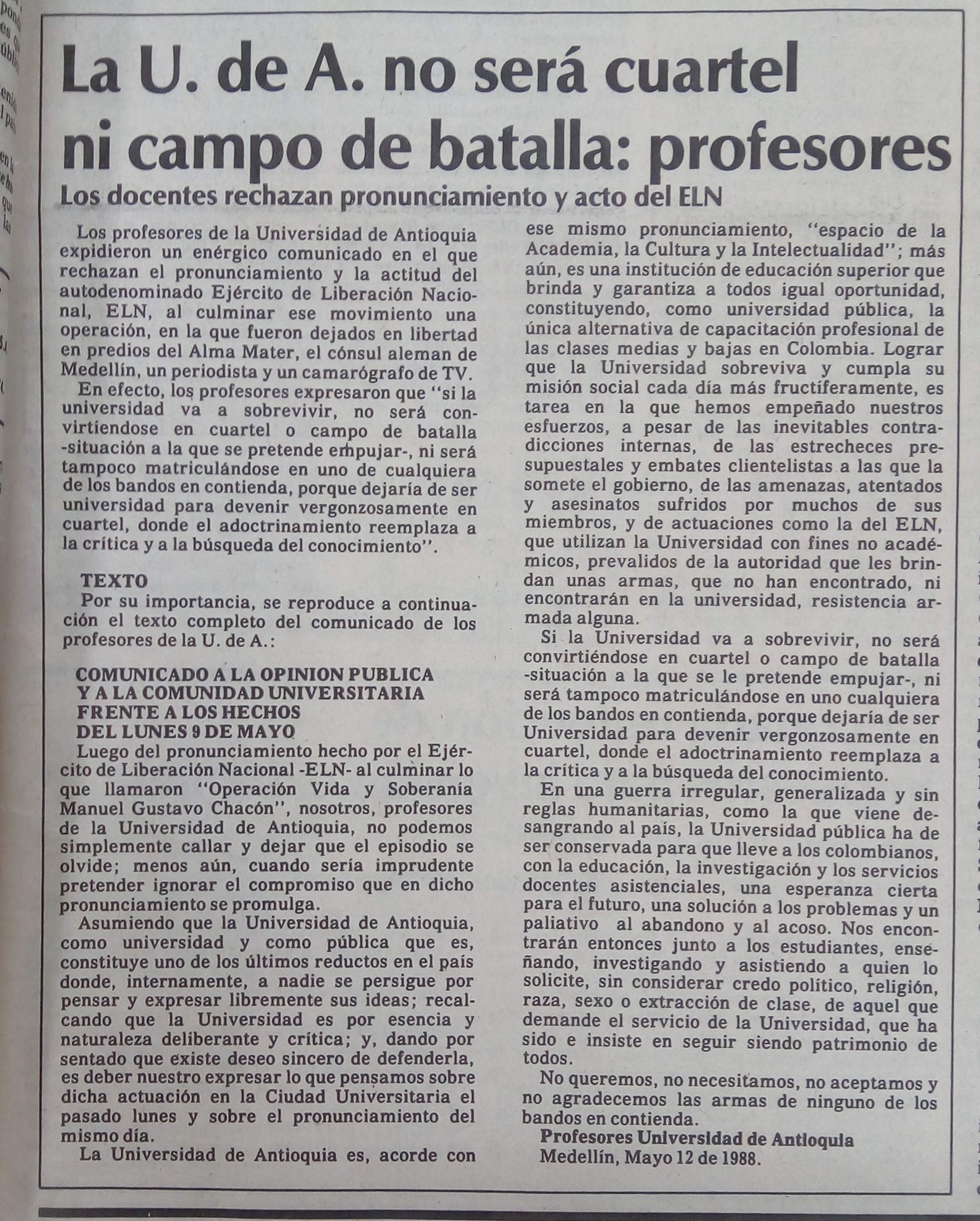 Fotografía tomada de la edición del 14 de mayo de 1988 del periódico El Colombiano