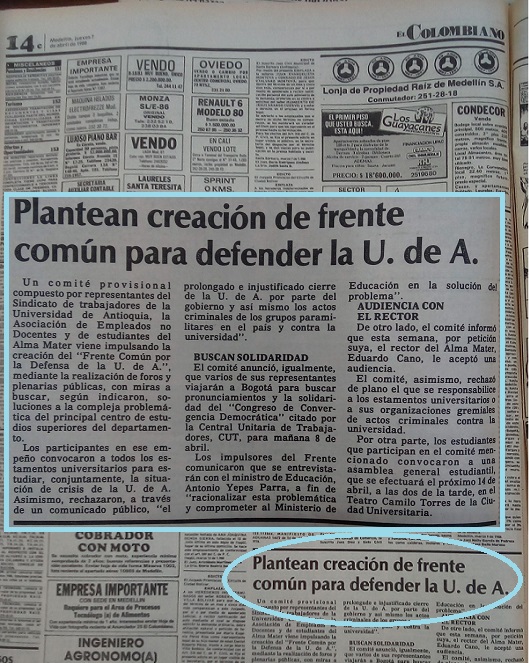 Fotografía tomada de la edición del 7 de abril de 1988 del periódico El Colombiano.