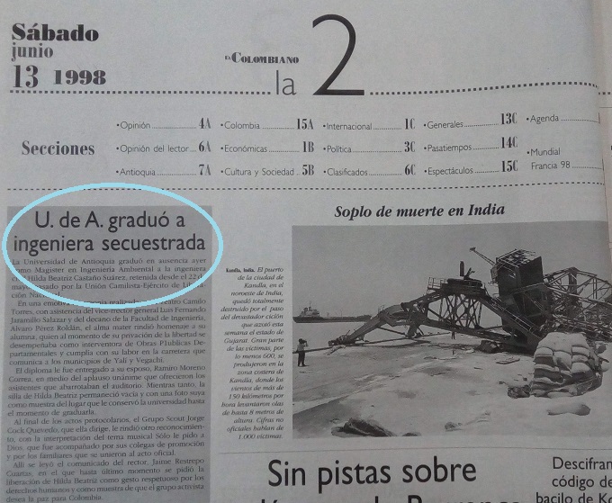 Fotografía tomada de la edición del 13 de junio de 1998 del periódico El Colombiano.