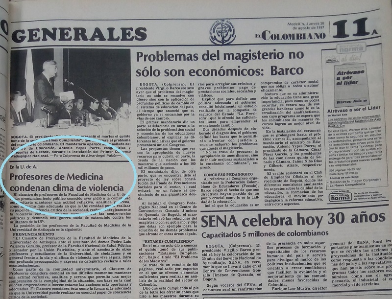 Fotografía tomada de la edición del 20 de agosto de 1987 del periódico El Colombiano.