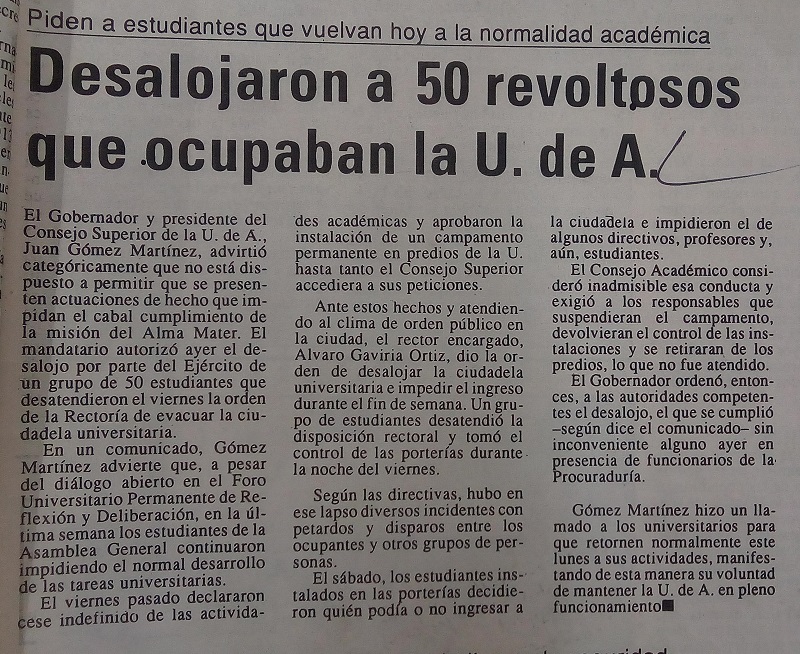 Fotografías tomadas de la edición del 8 de novembre de 1993 del periódico El Mundo y del periódico El Colombiano.