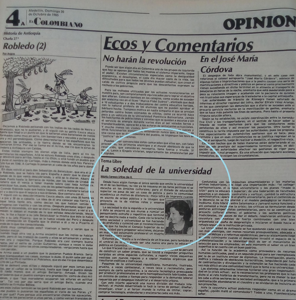 Fotografía tomada de la edición del 20 de octubre 1985 del periódico El Colombiano.