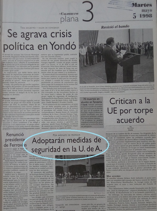 Fotografía tomada de la edición del 5 de mayo de 1998 del periódico El Colombiano.