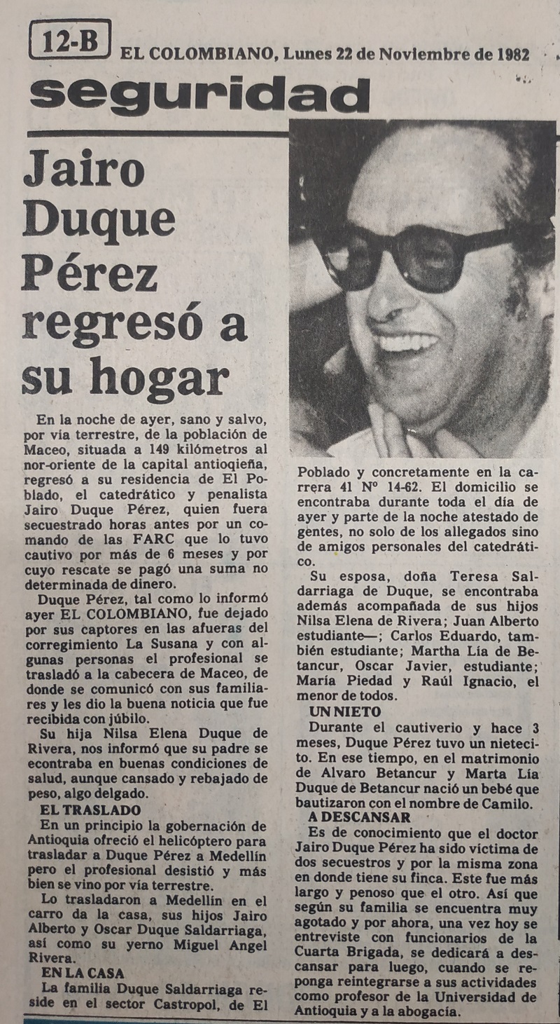 Fotografía tomada de la edición del 22 de noviembre de 1982 del periódico El Colombiano