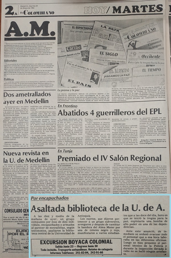 Fotografía tomada de la edición del 29 de mayo de 1984 del periódico El Colombiano.