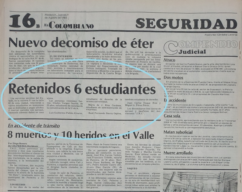 Fotografía tomada de la edición del 9 de agosto de 1984 del periódico El Colombiano.