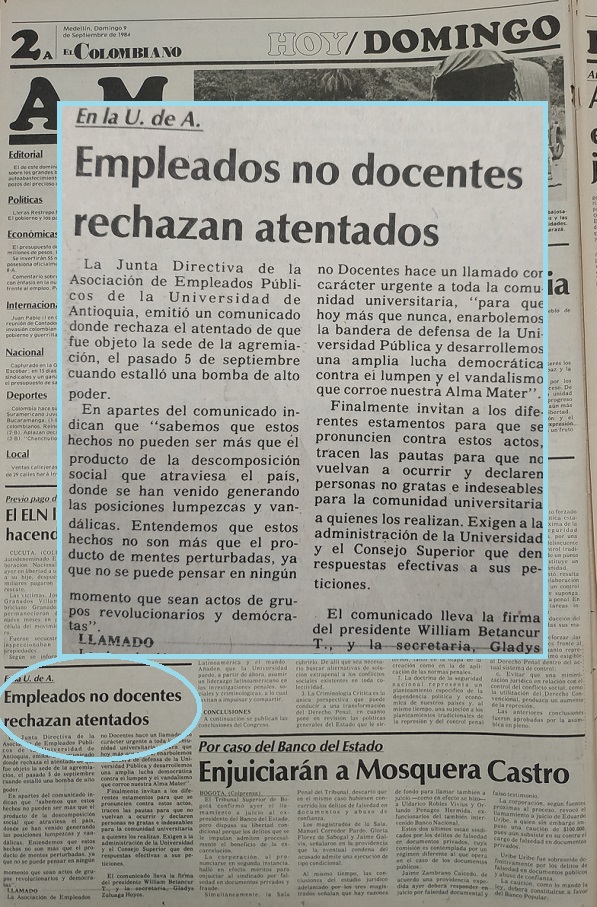 Fotografía tomada de la edición del 9 de septiembre de 1984 del periódico El Colombiano.