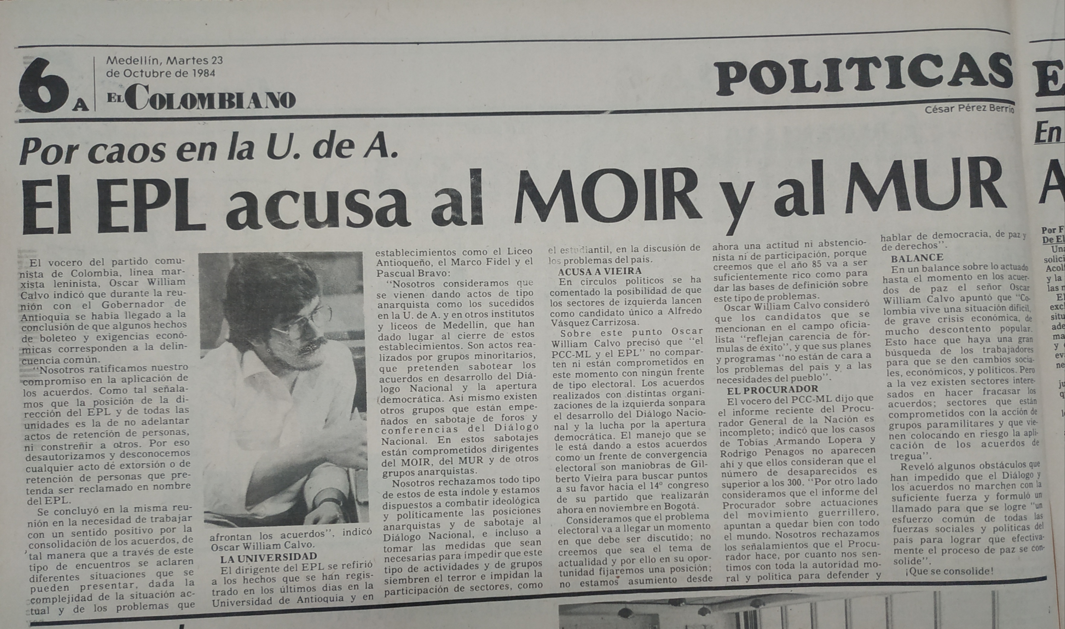 Fotografía tomada de la edición del 23 de octubre de 1984 del periódico El Colombiano.