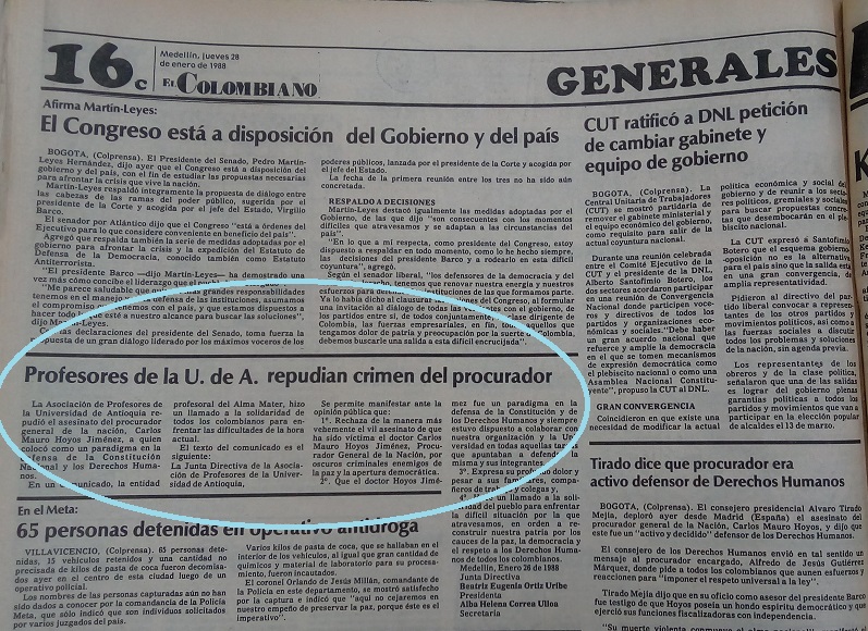 Fotografía tomada de la edición del 28 de enero de 1988 del periódico El Colombiano.