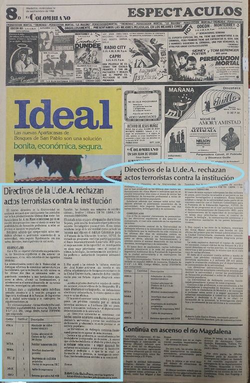 Fotografías tomadas de la edición del 14 de septiembre de 1988 del periódico El Colombiano y el periódico El Mundo