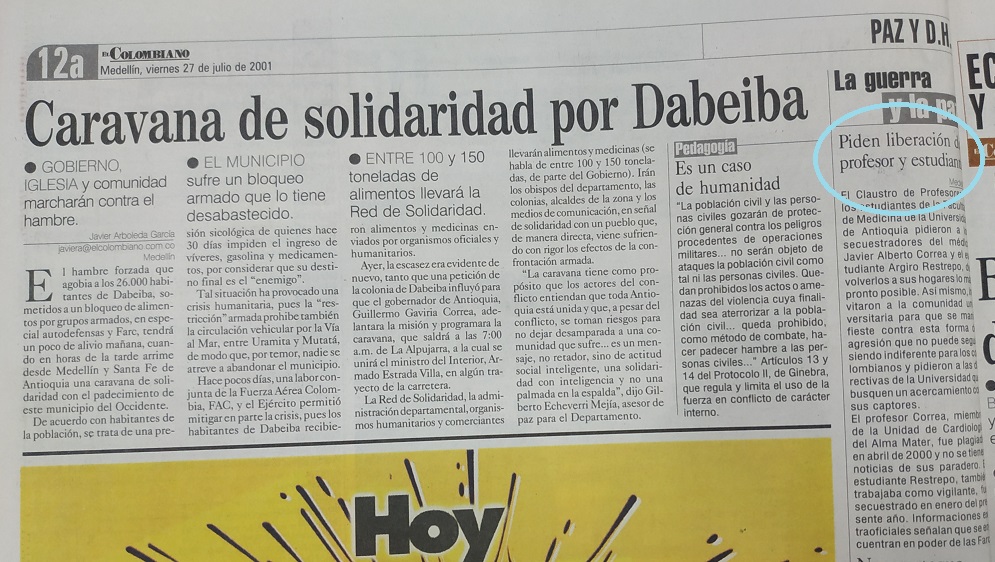 Fotografía tomada de la edición del 27 de julio del 2001 del periódico El Colombiano.