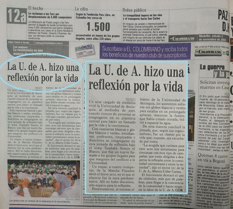 Fotografía tomada de la edición del 2 de noviembre de 2002 del periódico El Colombiano.