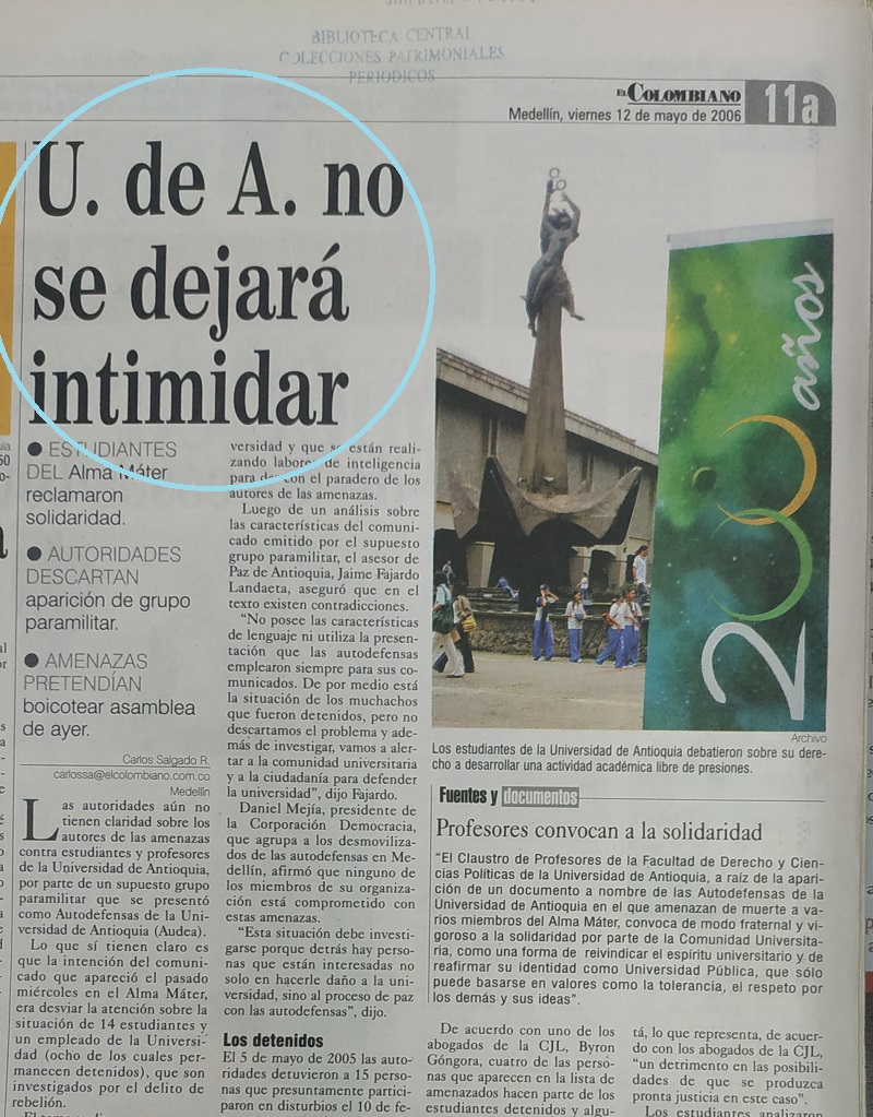 Fotografía tomada de la edición del 12 de mayo del 2006 del periódico El Colombiano.
