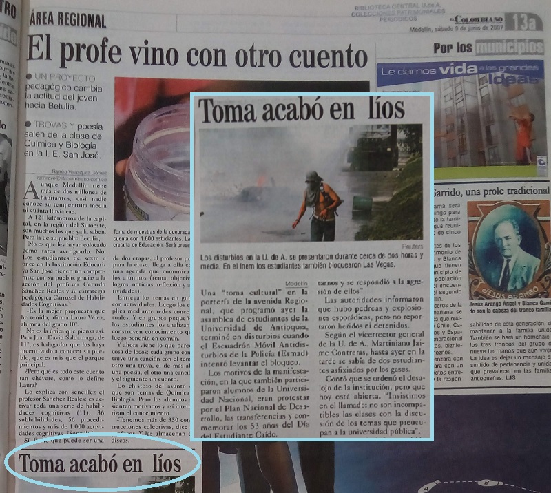 Fotografía tomada de la edición del 9 de junio de 2007 del periódico El Colombiano.