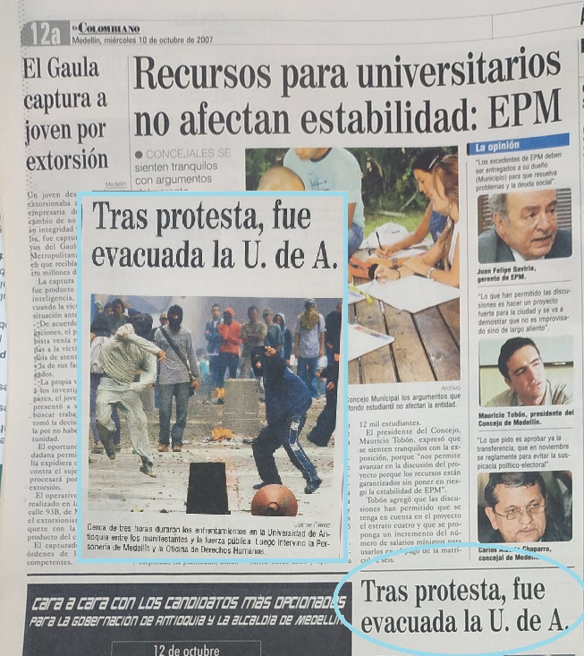 Fotografía tomada de la edición del 10 de octubre de 2007 del periódico El Colombiano.