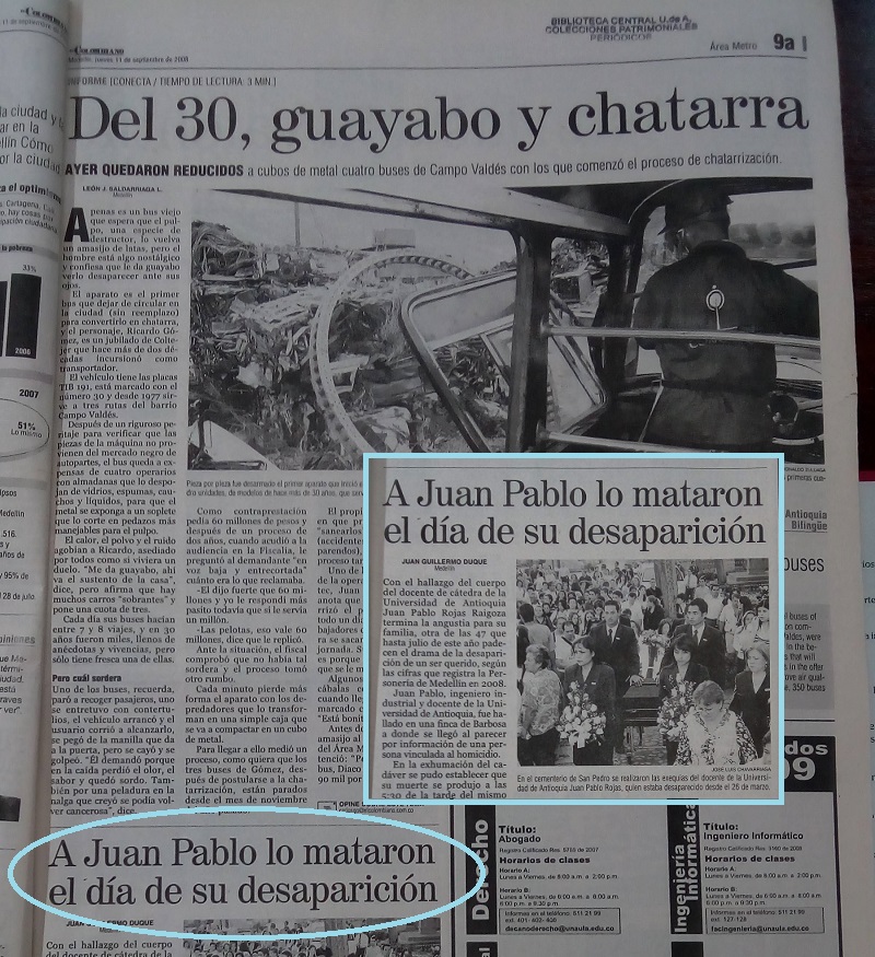 Fotografía tomada de la edición del 11 de septembre del 2008 del periódico El Colombiano.