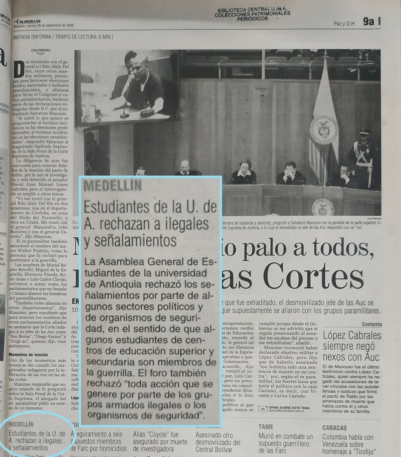 Fotografía tomada de la edición del 26 de septiembre del 2008 del periódico El Colombiano.