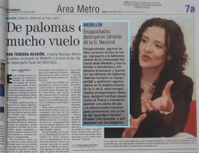 Fotografía tomada de la edición del 17 de octubre del 2008 del periódico El Colombiano.