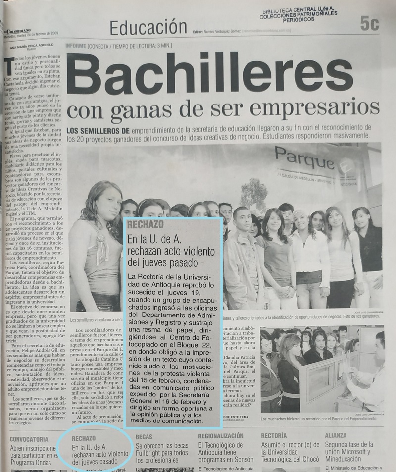 Fotografía tomada de la edición del 24 de febrero de 2009 del periódico El Colombiano.