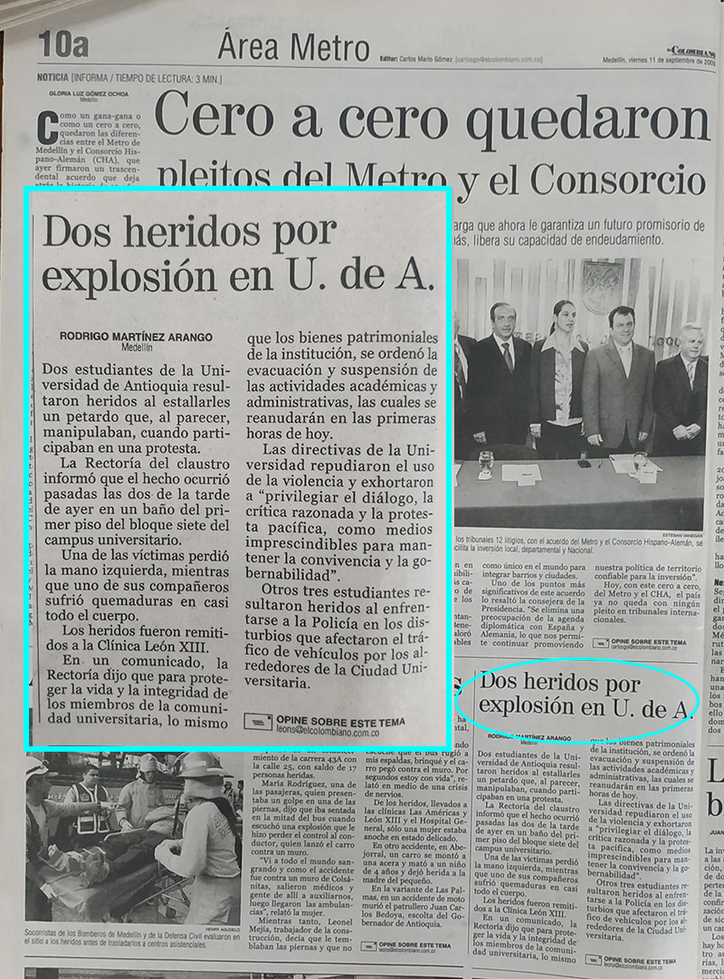 Fotografía tomada de la edición del 11 de septiembre del 2009 del periódico El Colombiano
