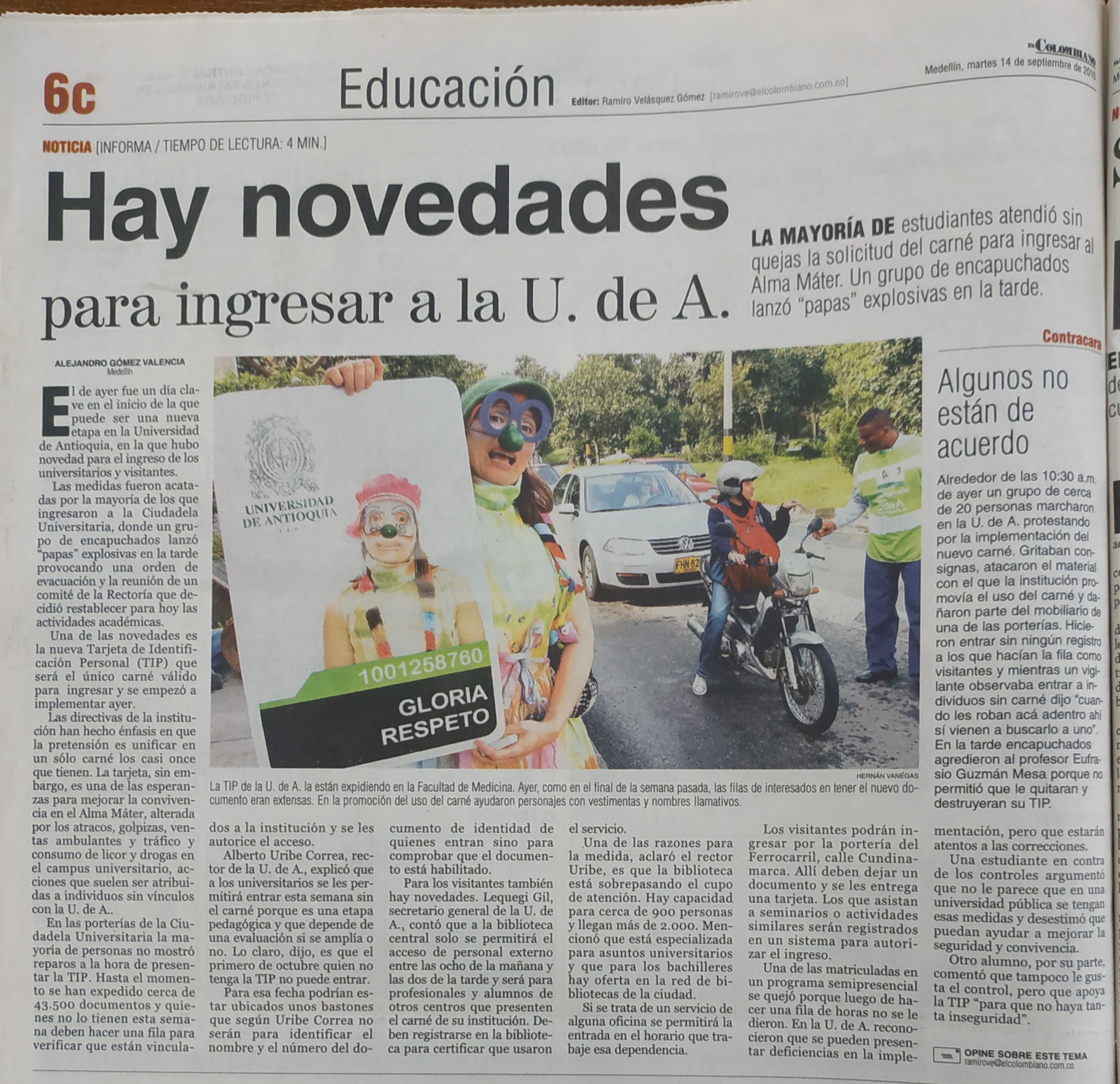 Fotografía tomada de la edición del 14 de septiembre de 2010 del periódico El Colombiano