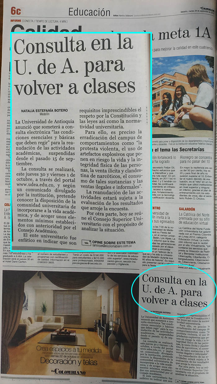 Fotografía tomada de la edición del 18 de septiembre de 2010 del periódico El Colombiano