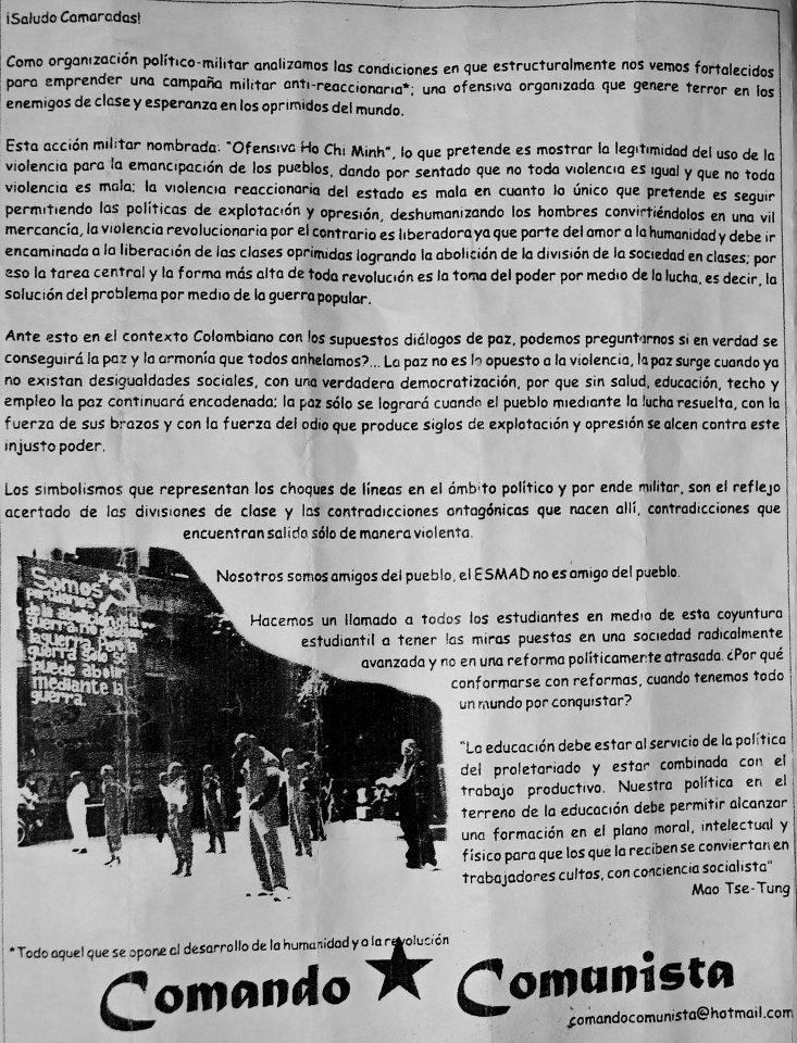 Foto: Panfleto repartido durante los disturbios del 18 de septiembre entregado por el Comando Comunista. Foto tomada del Facebook del colectivo estudiantil Desde el 12..