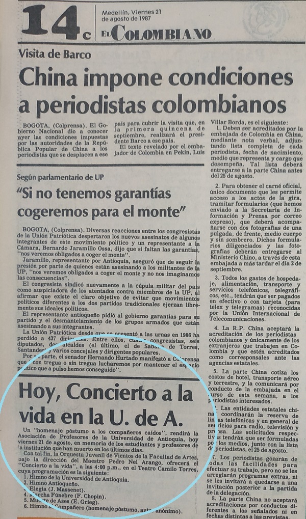 Fotografía tomada de la edición del 21 deagosto de 1987 del periódico El Colombiano.