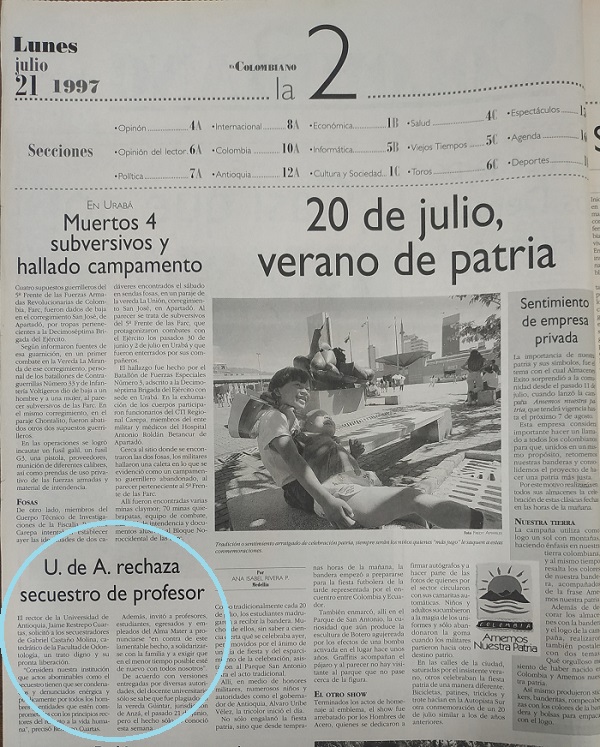 Fotografía tomada de la edición del 21 de julio de 1997 del periódico El Colombiano.