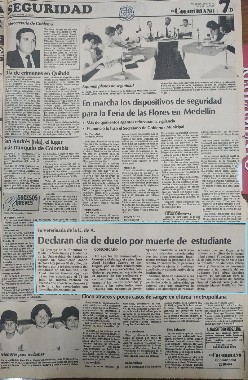 Fotografía tomada de la edición del 30 de julio de 1987 del periódico El Colombiano.